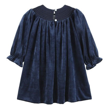 Navy Velvet Nativity Smocked Bishop Dress