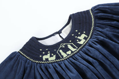 Navy Velvet Nativity Smocked Bishop Dress