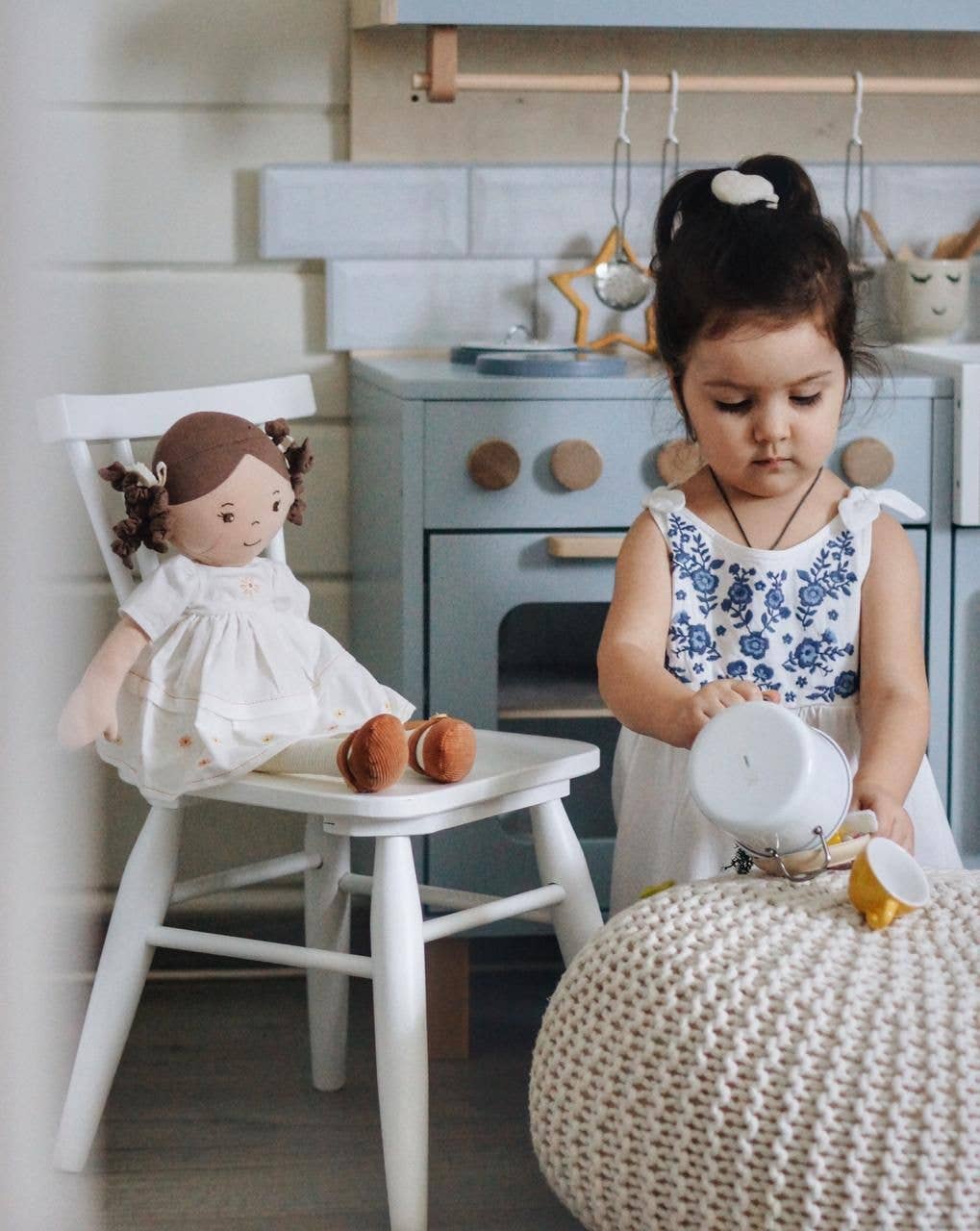 Cecilia Dk. Brown Hair in Cream Linen Dress with Display Box