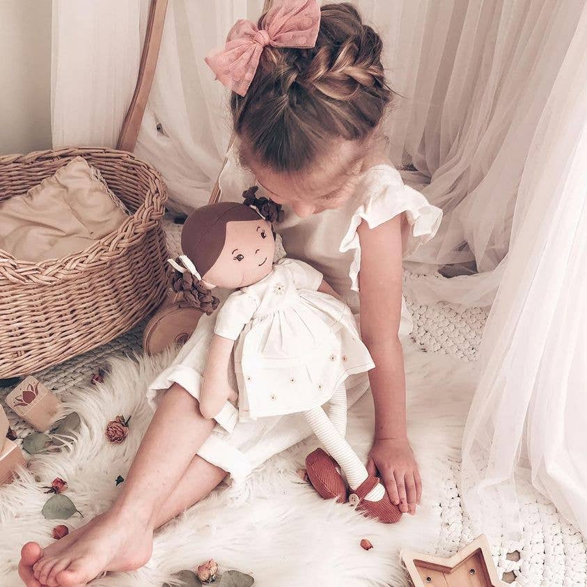 Cecilia Dk. Brown Hair in Cream Linen Dress with Display Box