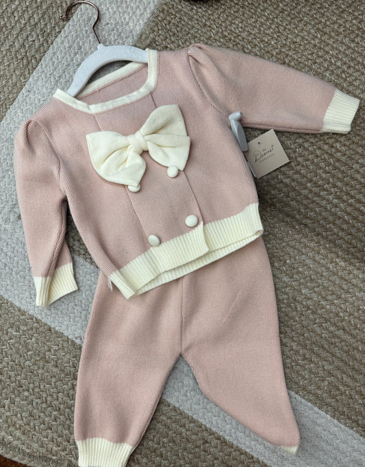 Knit Bow Sweater Set - Pink/Cream