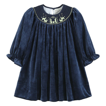 Navy Velvet Nativity Smocked Bishop Dress